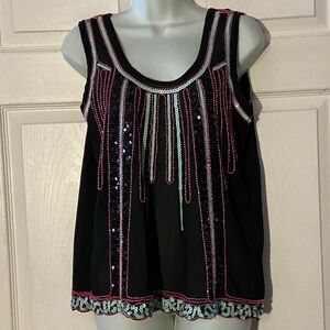 Buttons Black Sheer Polyester Tank Top Sequins Embellished Blue Red sz S
